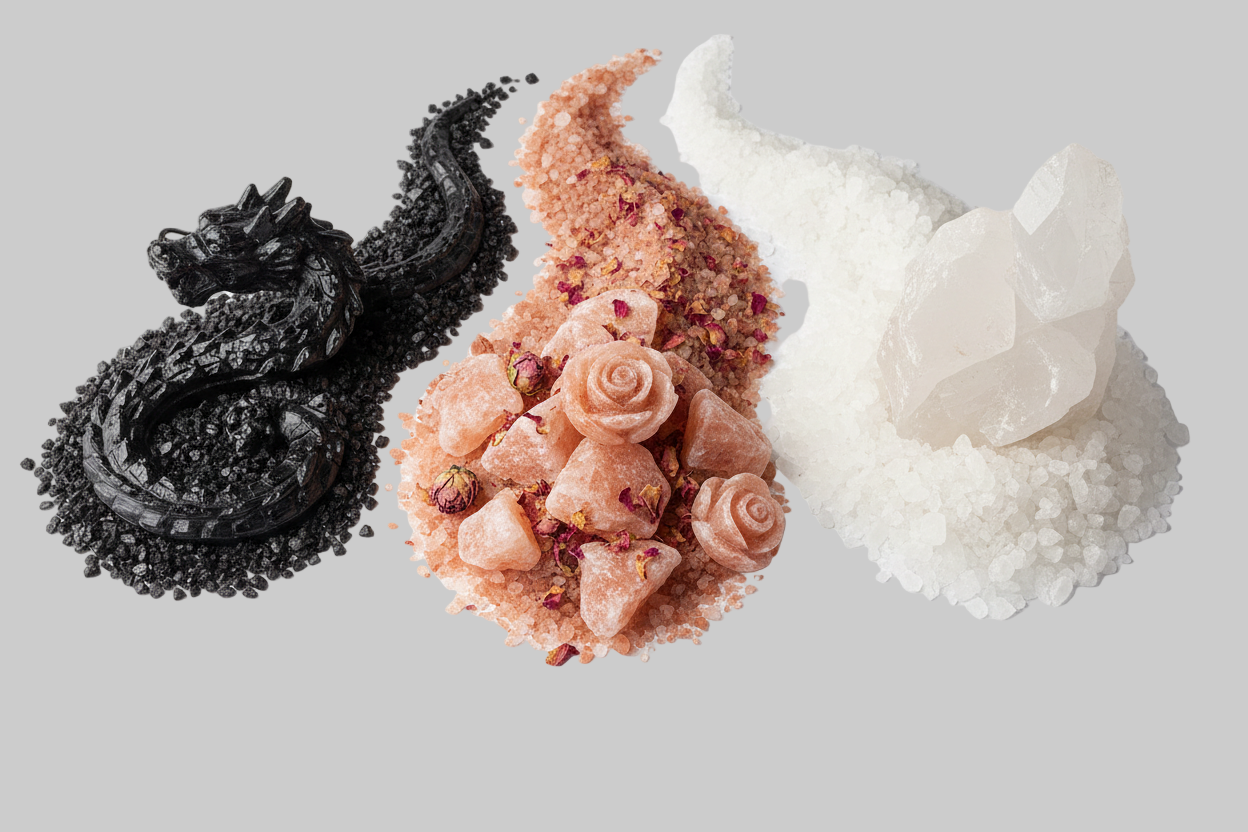 3 dragon and black, rose and natural himalayan salt crystals