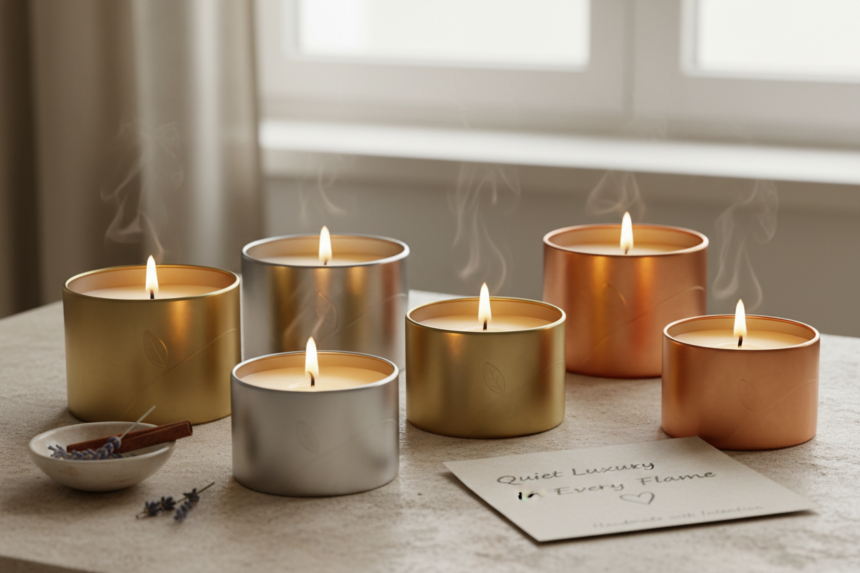 doma skrbno izdelane sveče z osebno noto v stilu  “Quiet Luxury in Every Flame” “Made by Hand. Meant for You.” “Crafted with Intention. Lit with Love.” v elegantnih can posodicah